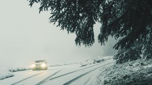 Preview wallpaper car, lights, snow, fog, branches, winter