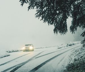 Preview wallpaper car, lights, snow, fog, branches, winter