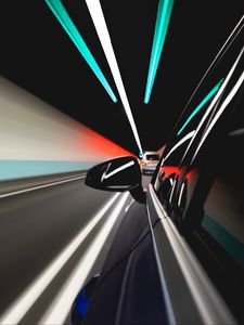 Preview wallpaper car, mirror, dark, movement, speed, lights