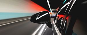 Preview wallpaper car, mirror, dark, movement, speed, lights