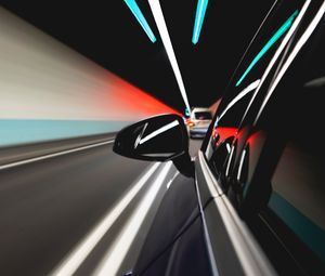 Preview wallpaper car, mirror, dark, movement, speed, lights
