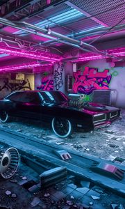 Preview wallpaper car, neon, graffiti, art