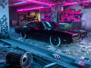 Preview wallpaper car, neon, graffiti, art