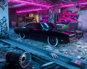 Preview wallpaper car, neon, graffiti, art