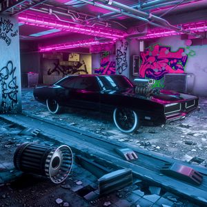 Preview wallpaper car, neon, graffiti, art