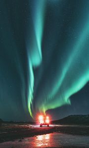 Preview wallpaper car, night, northern lights, light