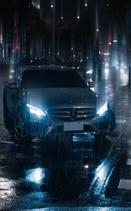 Preview wallpaper car, night, rain, light, street