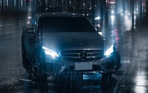 Preview wallpaper car, night, rain, light, street