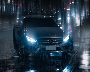 Preview wallpaper car, night, rain, light, street