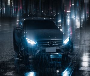 Preview wallpaper car, night, rain, light, street