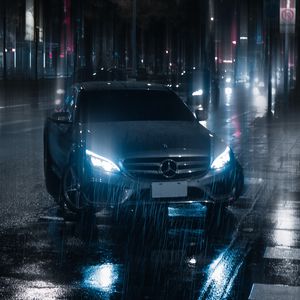 Preview wallpaper car, night, rain, light, street