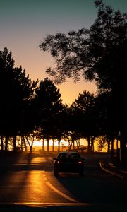 Preview wallpaper car, night, road, trees, shadow