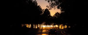 Preview wallpaper car, night, road, trees, shadow