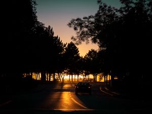 Preview wallpaper car, night, road, trees, shadow