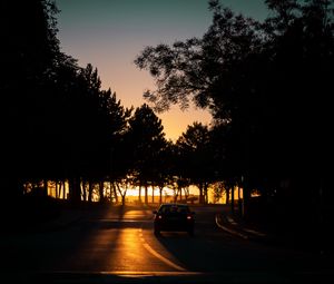 Preview wallpaper car, night, road, trees, shadow
