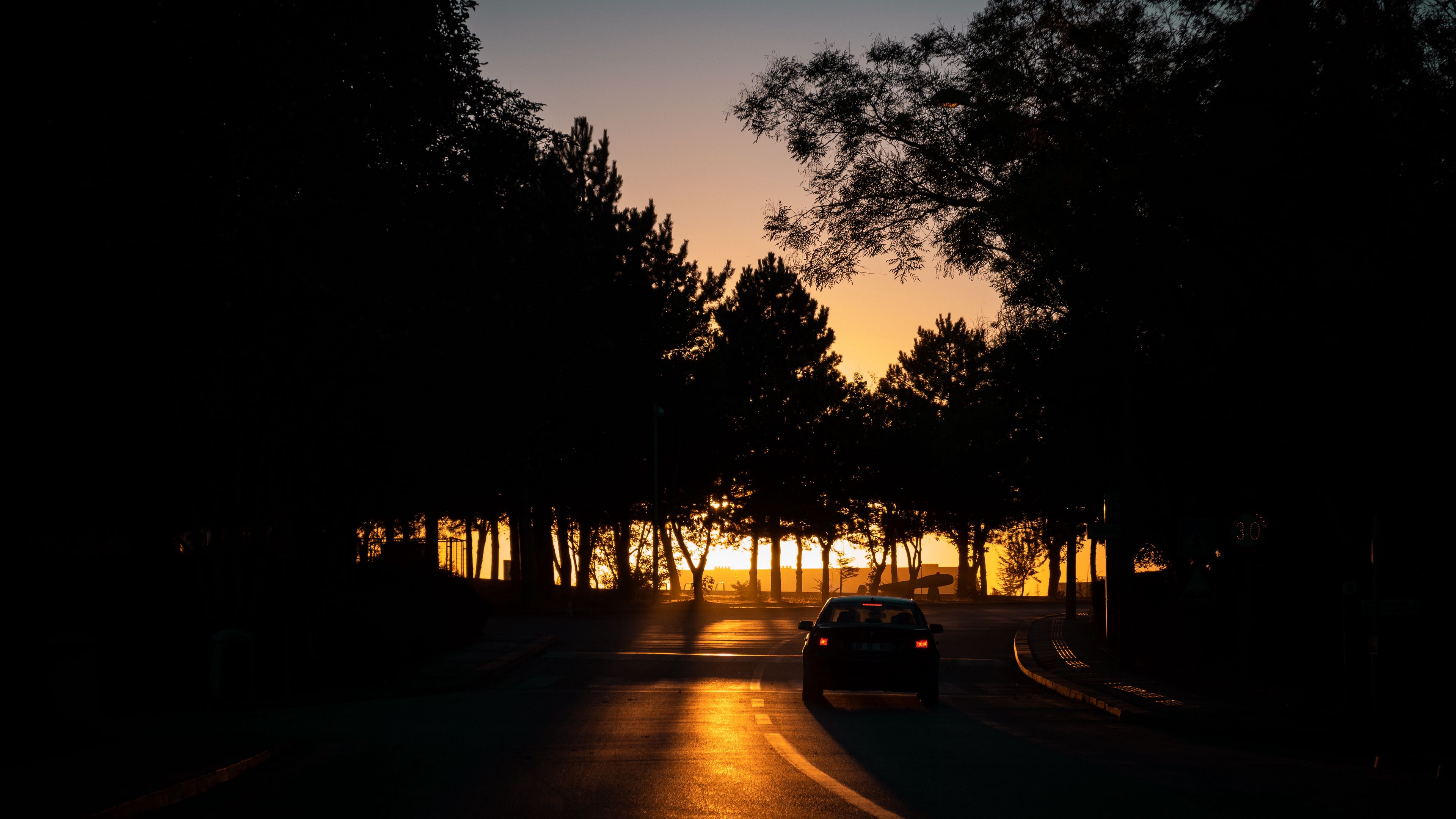 Download wallpaper 3840x2160 car, night, road, trees, shadow 4k uhd 16: