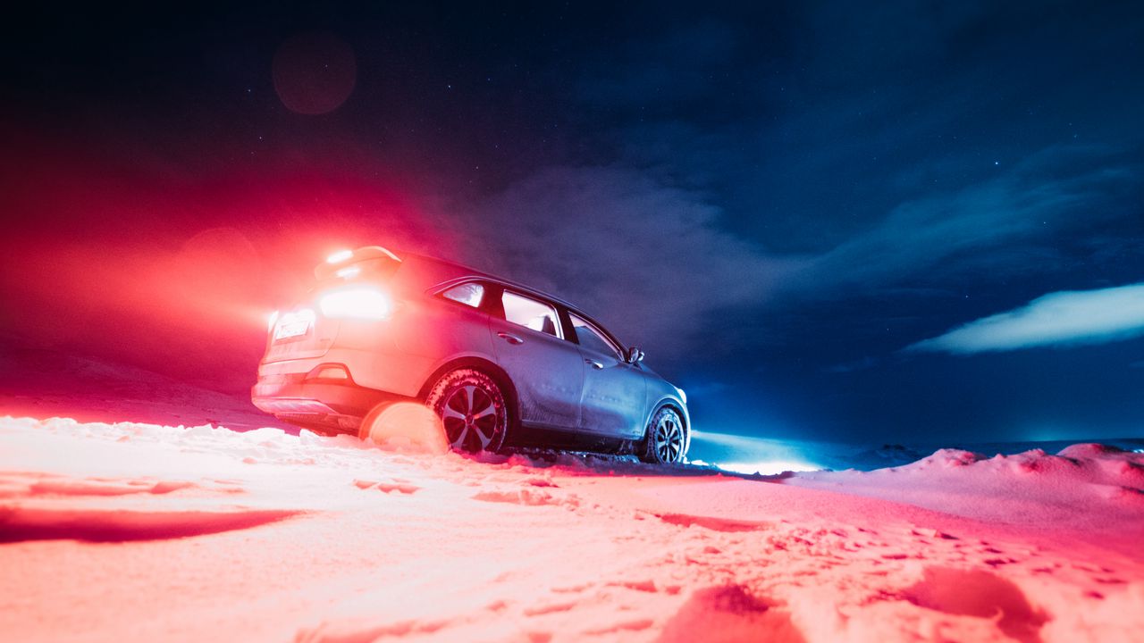 Wallpaper car, night, snow, starry sky