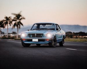 Preview wallpaper car, old, blue, front view, headlights, light