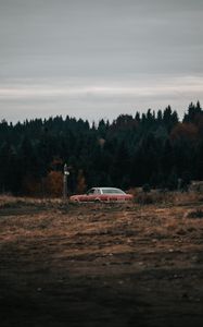 Preview wallpaper car, old, field, forest, nature