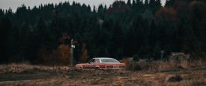 Preview wallpaper car, old, field, forest, nature