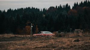 Preview wallpaper car, old, field, forest, nature