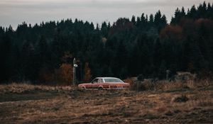 Preview wallpaper car, old, field, forest, nature