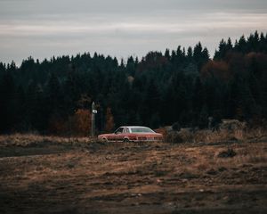 Preview wallpaper car, old, field, forest, nature