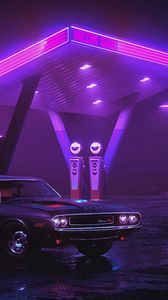 Preview wallpaper car, old, neon, refueling, night