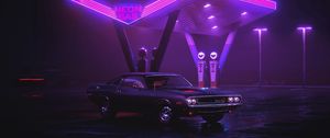 Preview wallpaper car, old, neon, refueling, night