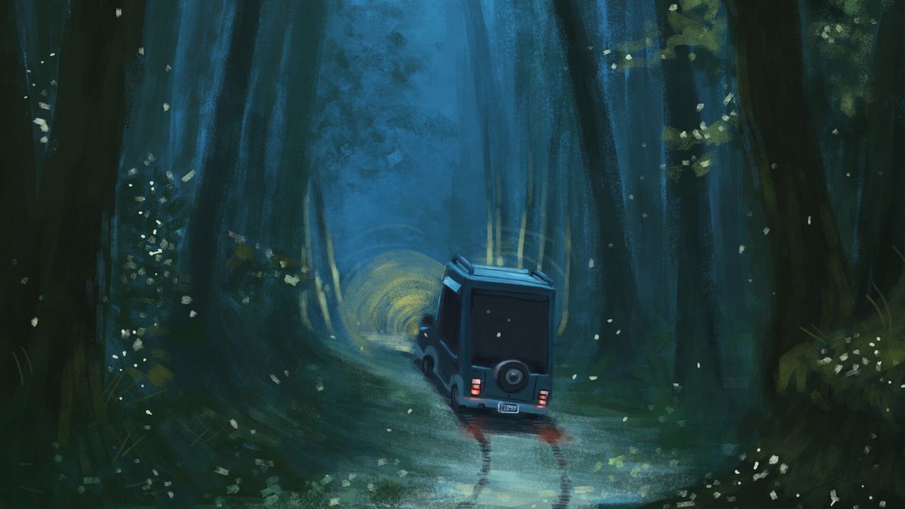 Wallpaper car, path, forest, trees, art