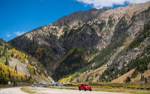 Preview wallpaper car, pickup, red, road, mountains, landscape