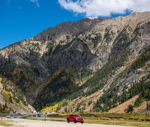 Preview wallpaper car, pickup, red, road, mountains, landscape