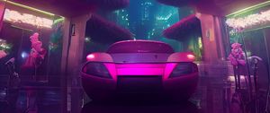 Preview wallpaper car, pink, buildings, lights, city