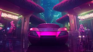 Preview wallpaper car, pink, buildings, lights, city