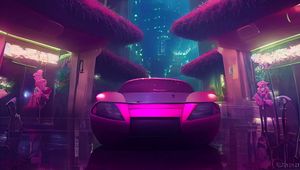 Preview wallpaper car, pink, buildings, lights, city