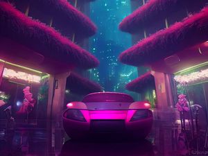 Preview wallpaper car, pink, buildings, lights, city