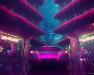 Preview wallpaper car, pink, buildings, lights, city