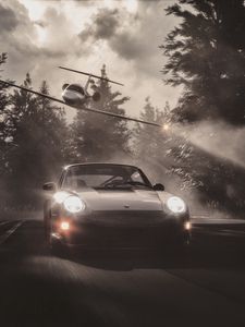 Preview wallpaper car, plane, road, fog, asphalt, speed