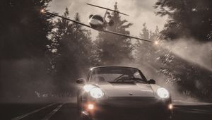 Preview wallpaper car, plane, road, fog, asphalt, speed