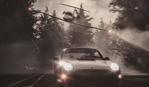 Preview wallpaper car, plane, road, fog, asphalt, speed