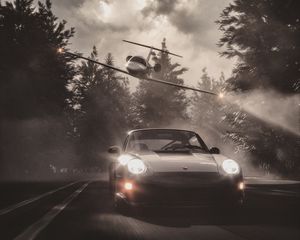 Preview wallpaper car, plane, road, fog, asphalt, speed