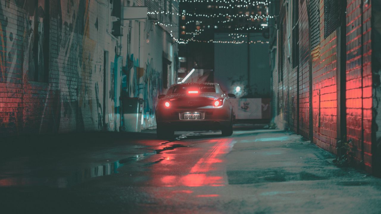 Wallpaper car, rear view, garlands, street, night