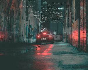 Preview wallpaper car, rear view, garlands, street, night