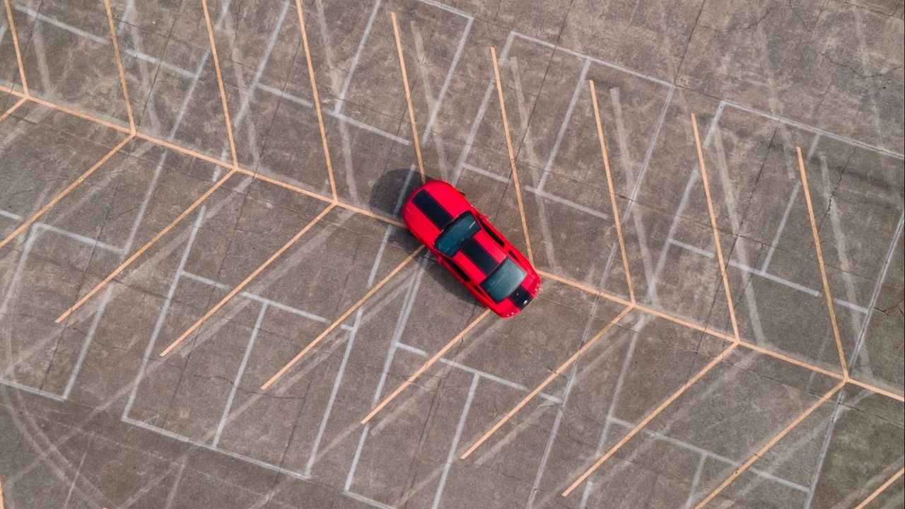 Wallpaper car, red, aerial view, lines