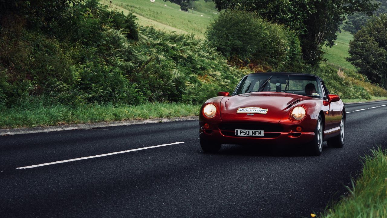 Wallpaper car, red, convertible, road, greenery