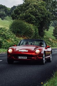 Preview wallpaper car, red, convertible, road, greenery