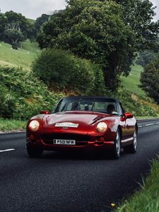 Preview wallpaper car, red, convertible, road, greenery