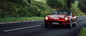 Preview wallpaper car, red, convertible, road, greenery