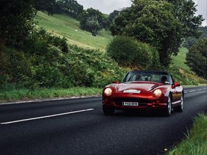 Preview wallpaper car, red, convertible, road, greenery