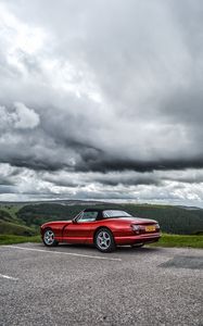 Preview wallpaper car, red, convertible, parking, nature